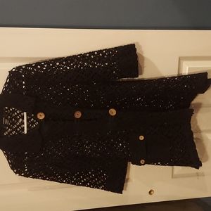 Kaktus open weave crochet button down sweater shark bite hem Small